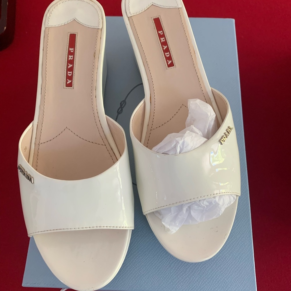Prada White Patent Slide Sandals